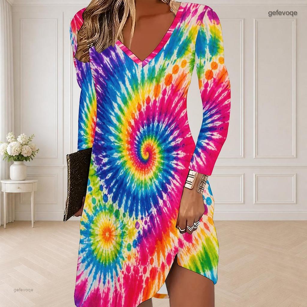 Women Plus Size V Neck Long Sleeve Colorful Abstract Printed Curved Hem Dress