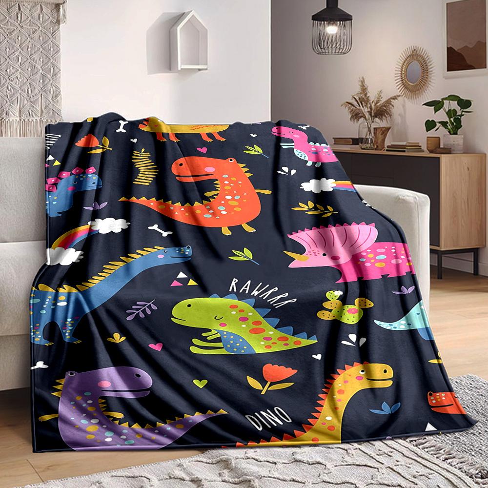 1pc Dino Rainbow Blanket, Lightweight Flannel Throw Blanket For Sofa, Bed, Travel, Camping, Living Room, Office, Couch, Chair, And Bed