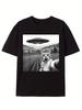 Men's Funny Cat UFO Graphic T-Shirt - Black Cotton Short Sleeve Tee, Playfu