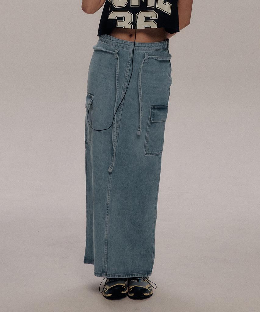 Some Place Strap-Point Cargo Denim Maxi Long Skirt
