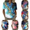 Women Short Sleeve Cotton Linen Shirt Henley Button Neck Casual Loose Fit Printed Blouse Summer Top