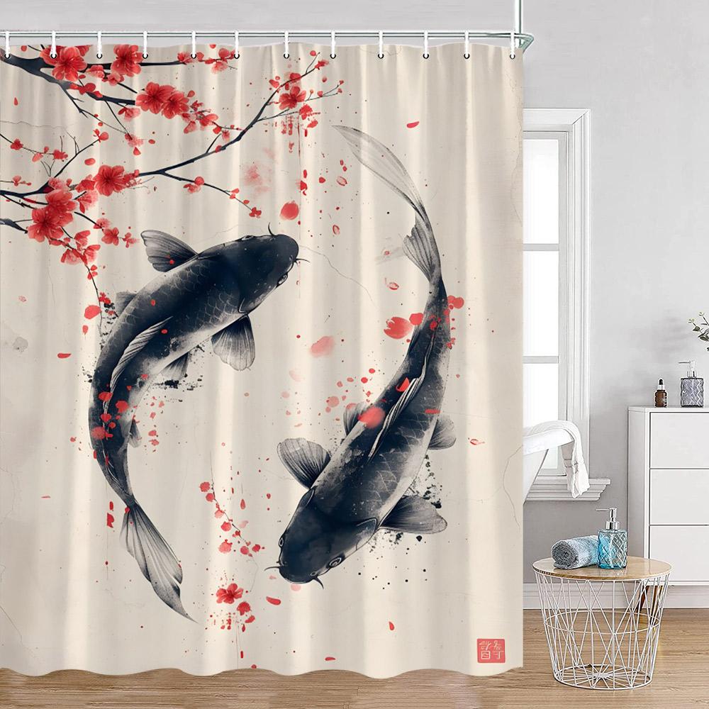 Ink Panting Shower Curtains Mountains Cranes Blossom Koi Panda Chinese Style Painting Bathroom Decoration Chinese Bath Curtain