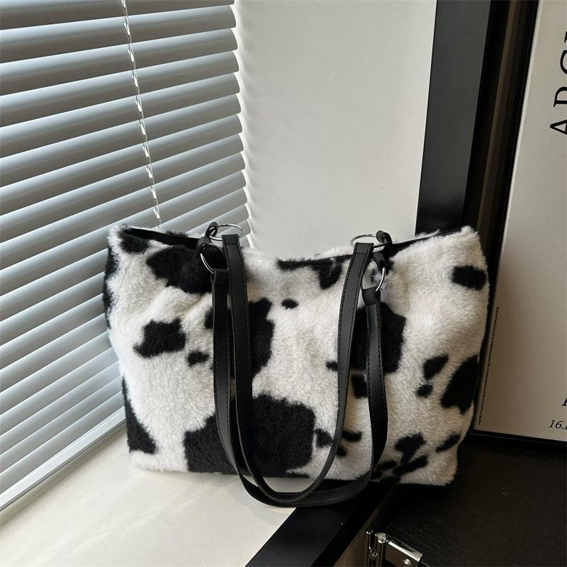 Large Capacity Shopper Bags For Women Winter Travel Tote Bag Cow Printing Plush Shoulder Bag Ladies Designer Handbag KTY