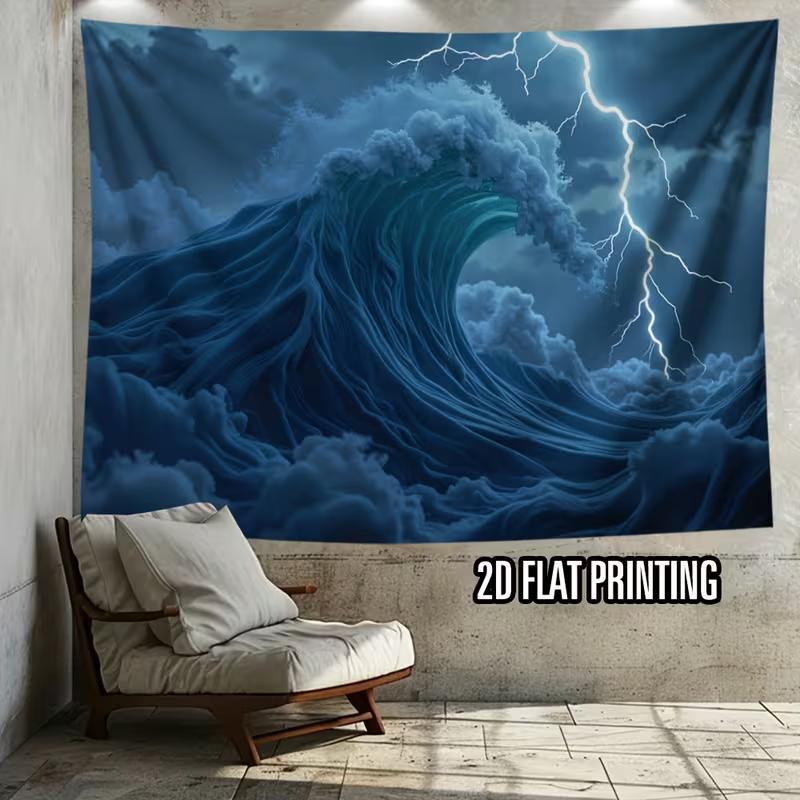 2D Aesthetic Storm Tapestry, Ocean Wave with Lightning Wall Art
