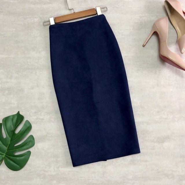 Autumn Winter Women's Elegant Suede Sheath Midi Skirts High Waist Solid Chic Wrap Skirt Back Split Pencil Skirt