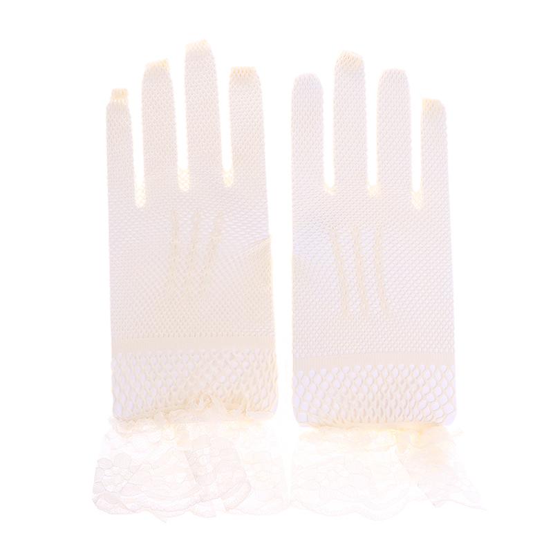 Elegant Short Lace Gloves for Women Sheer Fishnet Prom Party Fashionable Solid Color Full-Finger Mittens