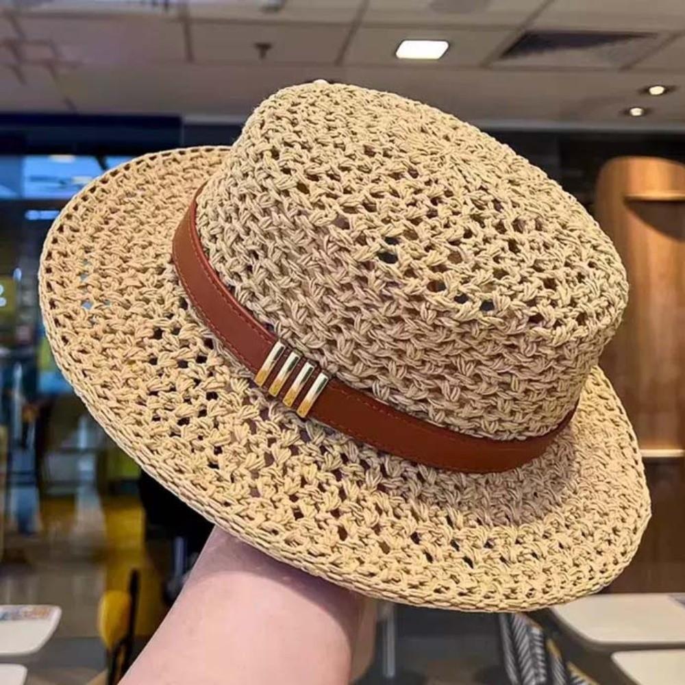 Sun Protection Straw Boater Hat Breathable Mesh Lightweight Handwoven Sun Cap Adjustable Wide Brimmed Flat Top Beach Hat