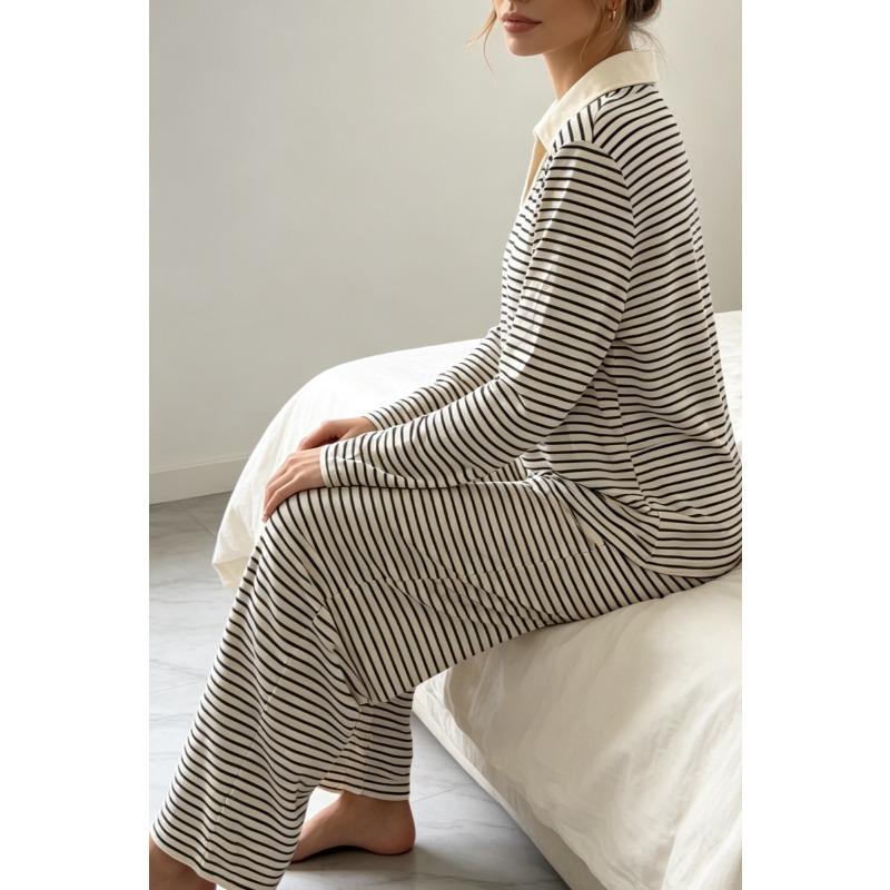 VEZFAA Women's Fashion Spring Autumn Stripe Print Long Sleeve POLO Neck Casual Pajama Set
