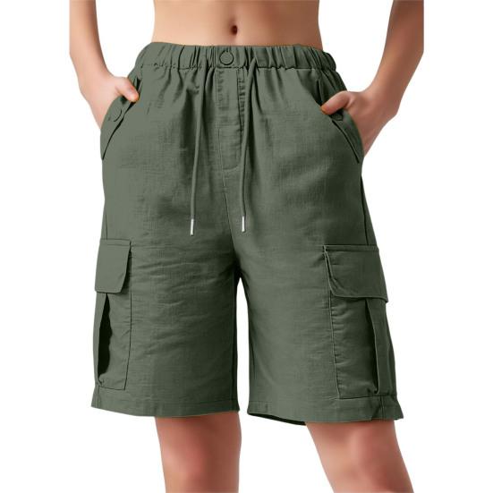Women Cargo Shorts Drawstring Design High Waisted Loose Fit Hiking Shorts with Functional Deep Pockets Outdoor Activities Casual