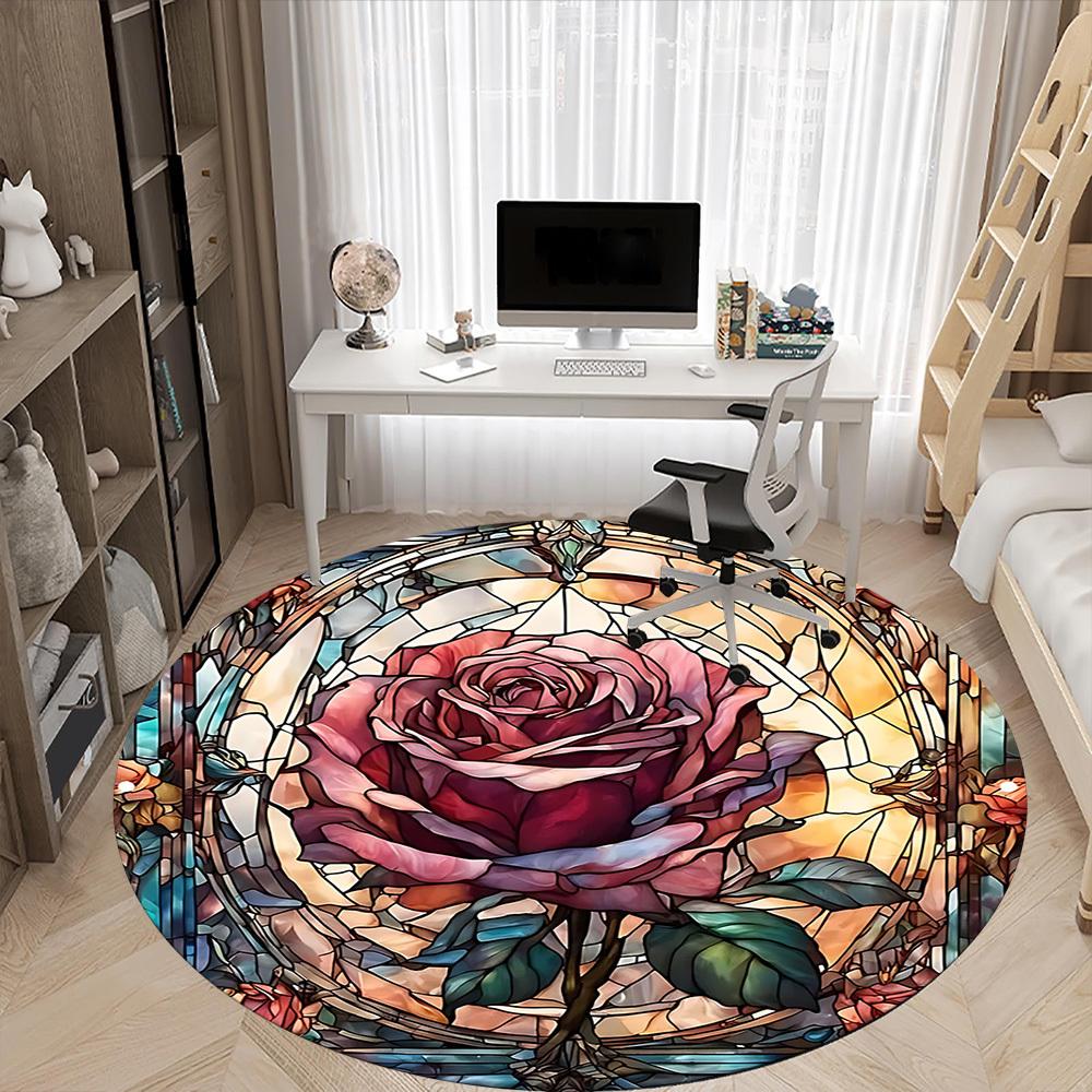 1 Stück Rose Buntglas Büro Runder Teppich, Unter Bürostühlen Schlafzimmer Wohnzimmer Heimdekoration, Raumdeko