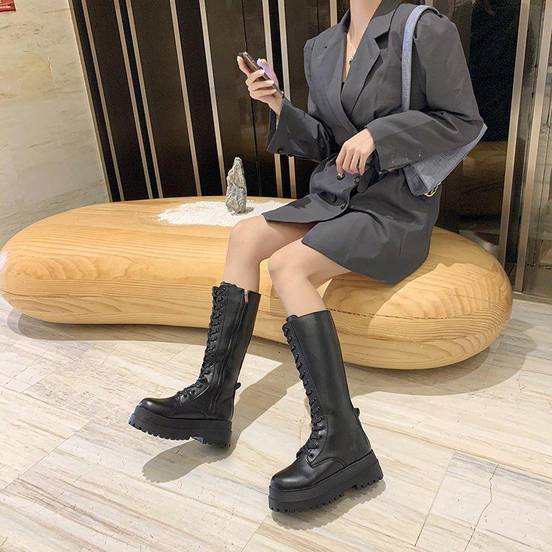 Fashion Boots  Female High Platform Gothic Shoes Black Leather Boot Lace Up Women Knee High Boots Simple Autumn Winter Shoes