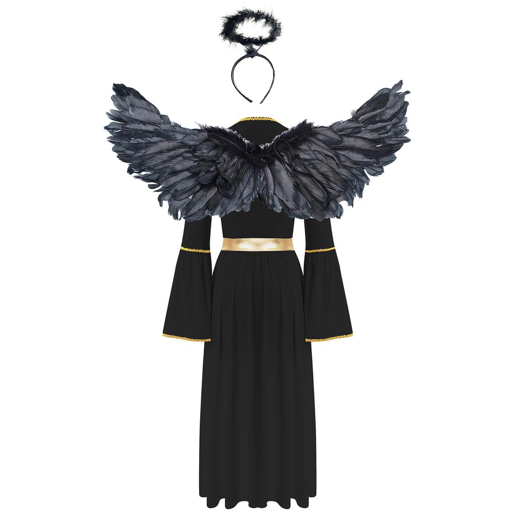 Women Angel Dress Costume Set with Feather Wings Headwear Gold Trim Long Sleeve Gown for Cosplay Party S-XXL