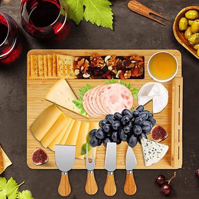 Bamboo Cheese Board Set with 4 Cutters And Cutter Holder Grooves for Sauces Snacks Wood Tray Multi-Purpose Platter for Entertaining