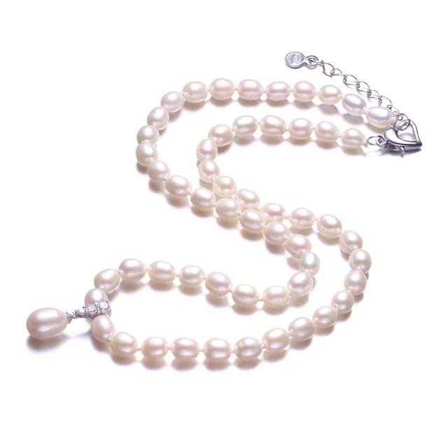 White Natural Freshwater Pearl Necklace,AAA Zircon Pendant With Love Extend Buckle,Women Jewelry Necklace,925 Silver Jewelry