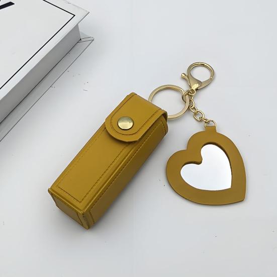 Keychain Lipstick Bag Love Mirror Protective Faux Leather Case Portable Keyring