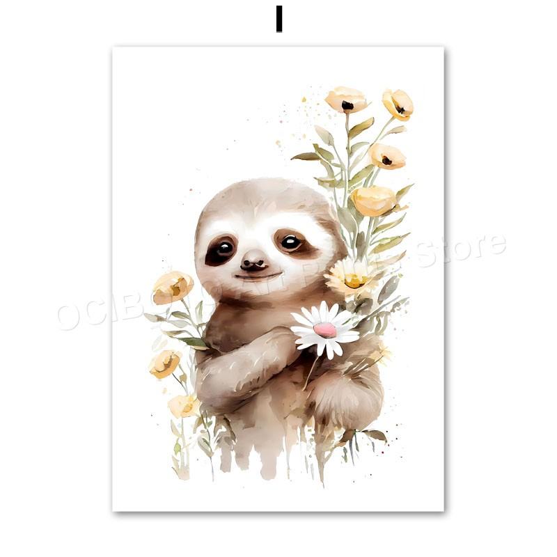 Aquarelltiere Wildblumen Löwe Kaninchen Bär Panda Kuh Flamingo Poster für Wandkunst Leinwanddrucke Bild Baby Kinderzimmer Dekoration