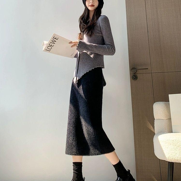 Knit Skirt Winter Thick Sweet High Waist Straight Midi Slit Bodycon Pencil Skirt