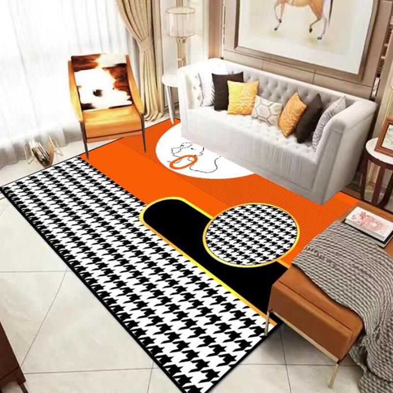 Tapis Orange Géométrique Salon Décoration Intérieure Moderne Chambre à Coucher Tapis Grande Surface Lavable Antidérapant Tapis de Sol Salon Paillasson