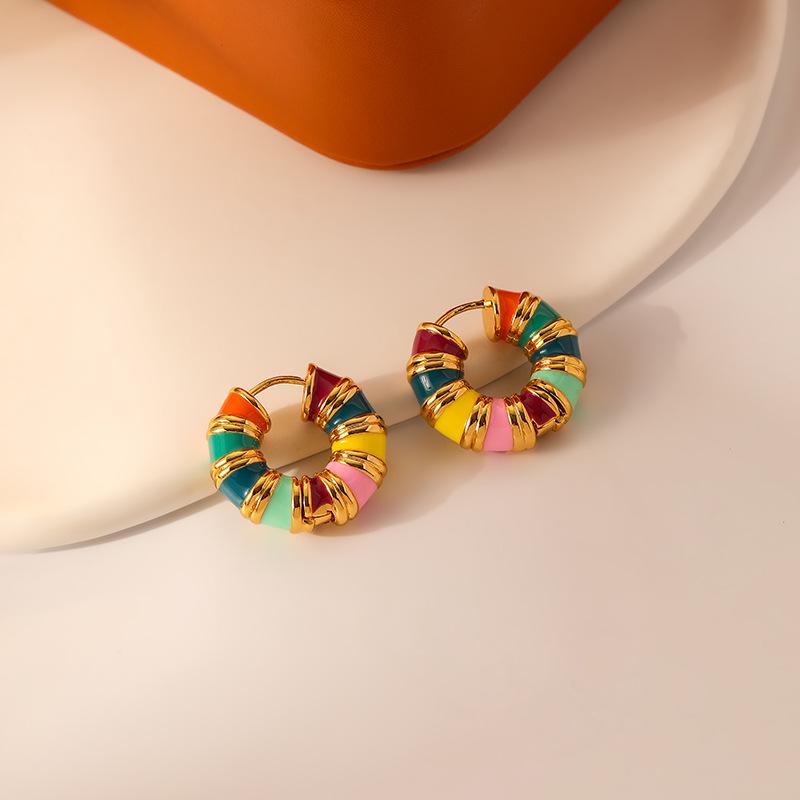 French Romantic Retro Enamel Round Gold Color Ear Buckle New Hoop Earrings for Womens Fashion Luxury Jewelry