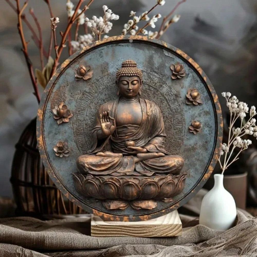 Art Mural Métallique Rond 2D Décoration Bouddha en Aluminium Panneau Pour Maison Bureau Fête