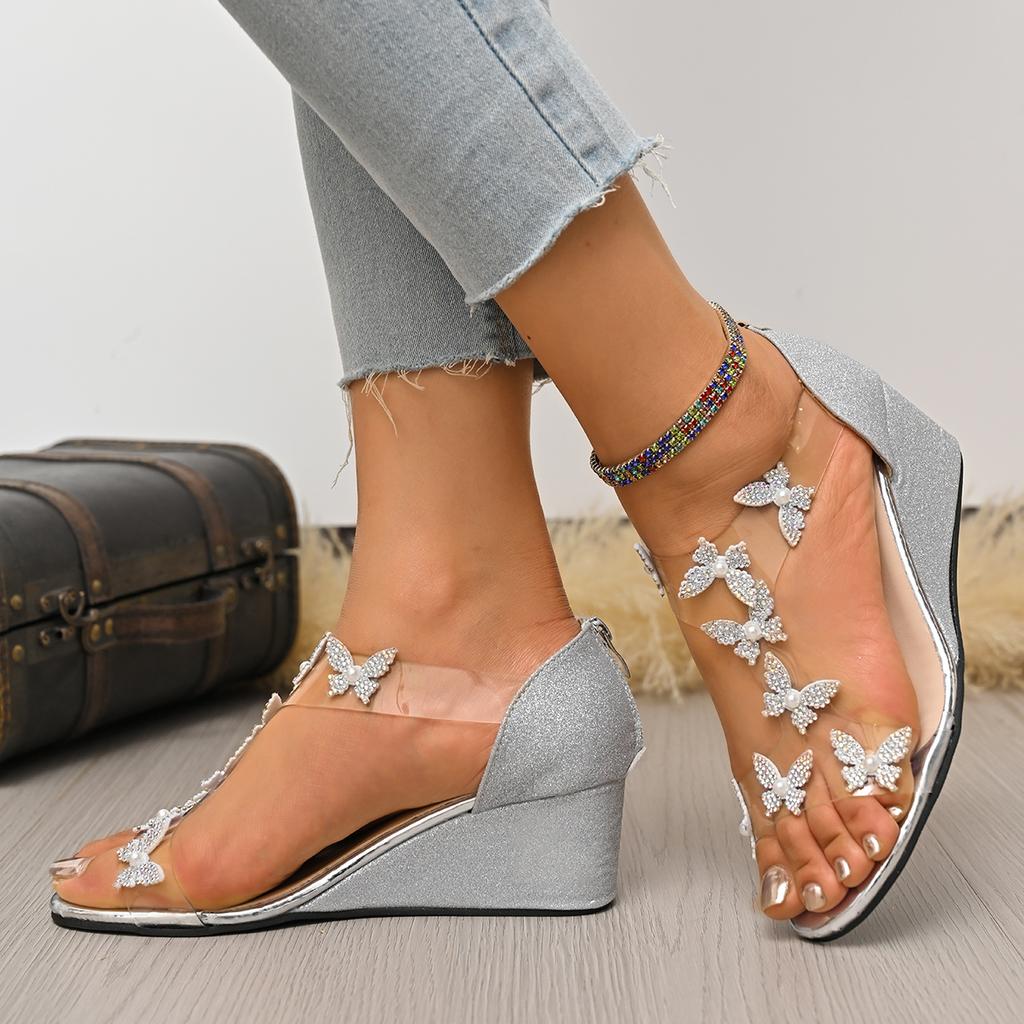 Fashion 2025 New Women Wedge Heel Sandals Plus Size Butterfly Dress Shoes Summer Zip Closure Comfortable Casual Sandals Zapatos De Mujer