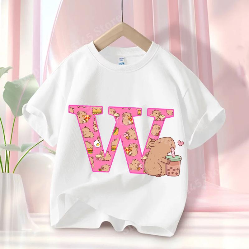 Summer Capibara Anime Letter Cute Printed Children's T-shirt Girls Short Sleeve Fashion Tops Kids Clothes Casual Tees