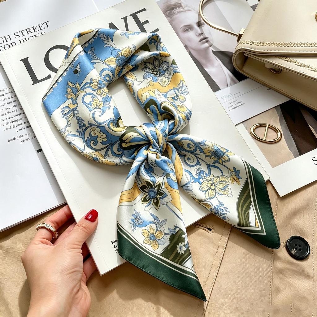 New Retro Plaid Imitation Silk Small Silk Scarf Women's High-end Professional Scarf Shirt Decorative Headband Tied Bag Silk Scarf
