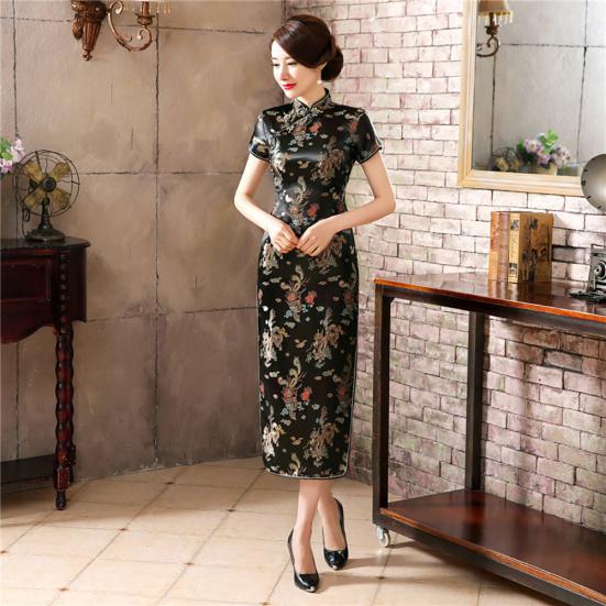 Women Short Sleeve Dragon Phoenix Print Chinese Cheongsam Banquet Midi Dress
