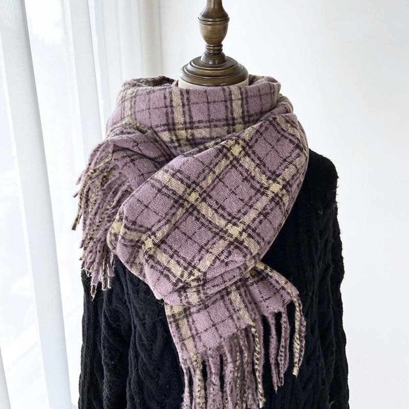 New Plaid Scarf Women's Winter Thickened Warm Retro Fringed Scarf Shawl Thickened Warmth for Cold Weather