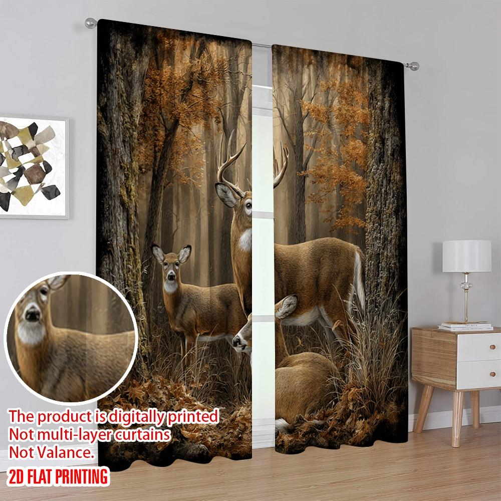 2pcs 2D Flat Printing Window Treatment Curtains Whitetail Deer Family Forest Digital Printed Polyester Drapes Holiday