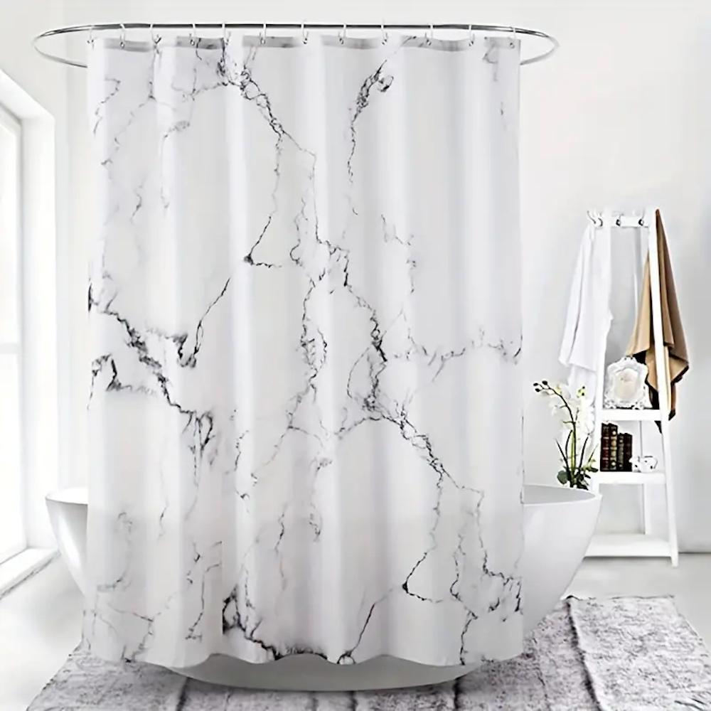 1pc Waterproof Polyester Shower Curtain with 12 Plastic Hooks, Golden Marble Printed Bath Curtain Fabric Curtain For Bathroom