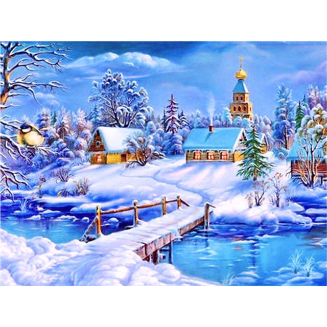 5D DIY Diamond Painting Landscape Winter House Rhinestone Art Picture Rhinestone Diamond Embroidery Mosaic Home Decoration Gift