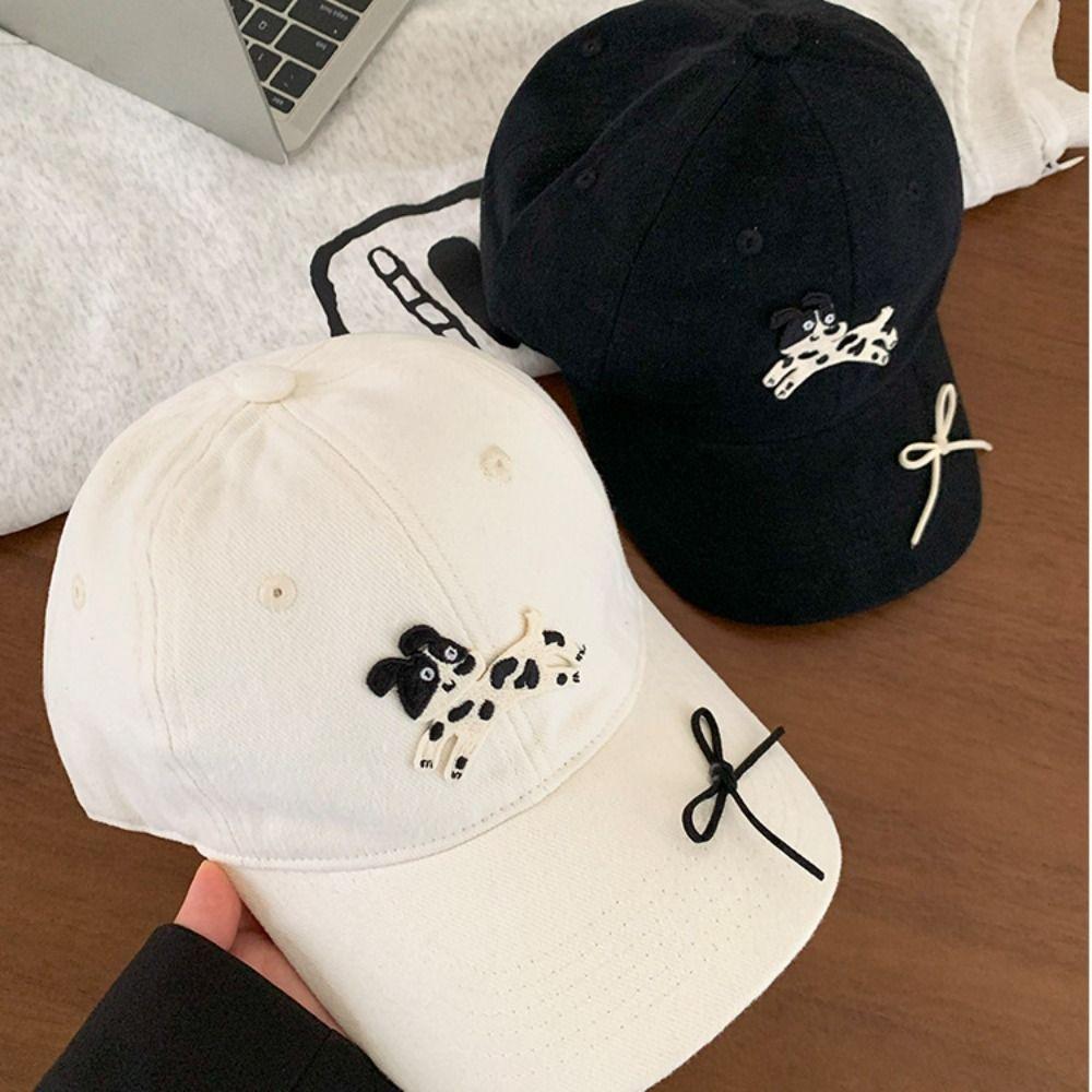 Sweet Spotted Puppy Embroidery Baseball Cap Cotton Bow Sun Hat Visors Korean Style Peaked Cap Outdoor