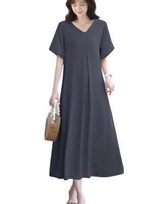 Long Dress with Short Relaxed Puff Plus Sizes Slimming Summer Dress [Yino] V-neck Pleats, Sleeves, Cute, Fit, Sleeves, Pockets, Available, Effect,