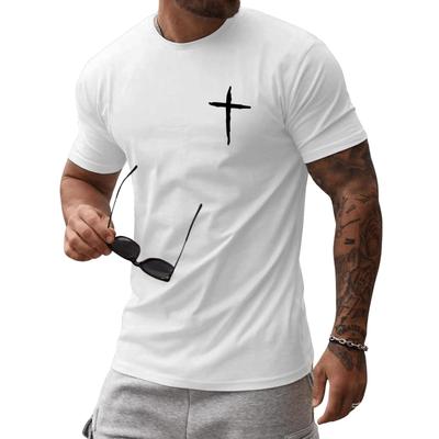 Men's Minimalist Hand-Drawn Cross Print T-Shirt, Understated Casual Streetwear Short Sleeve Top