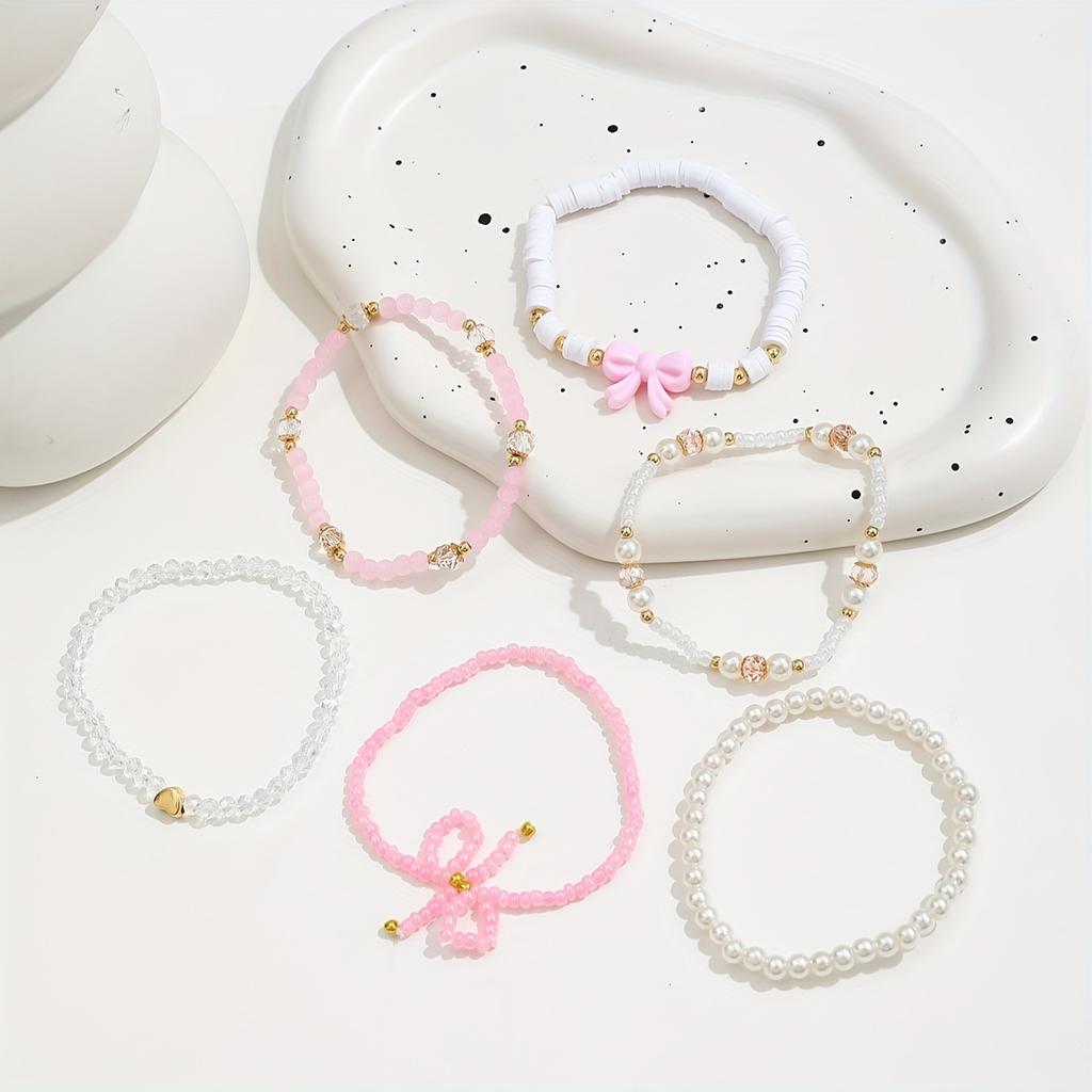 [Schattige Kralen Armband] 6 stuks Schattige Sexy Glazen Kraal Imitatie Parel Zachte Klei Handgemaakt Positionerings Kralen Stapelarmband Set | Roze Serie