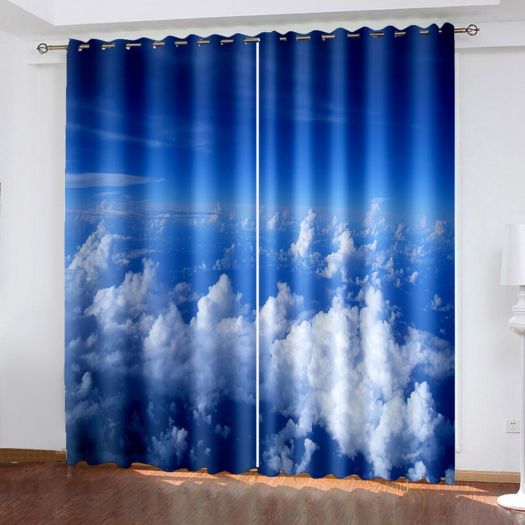 Blue Sky And White Clouds Series Cheap Sunshade Curtains Living Room Bedroom Home Decoration 2 Pieces of Hooks Punch Holes