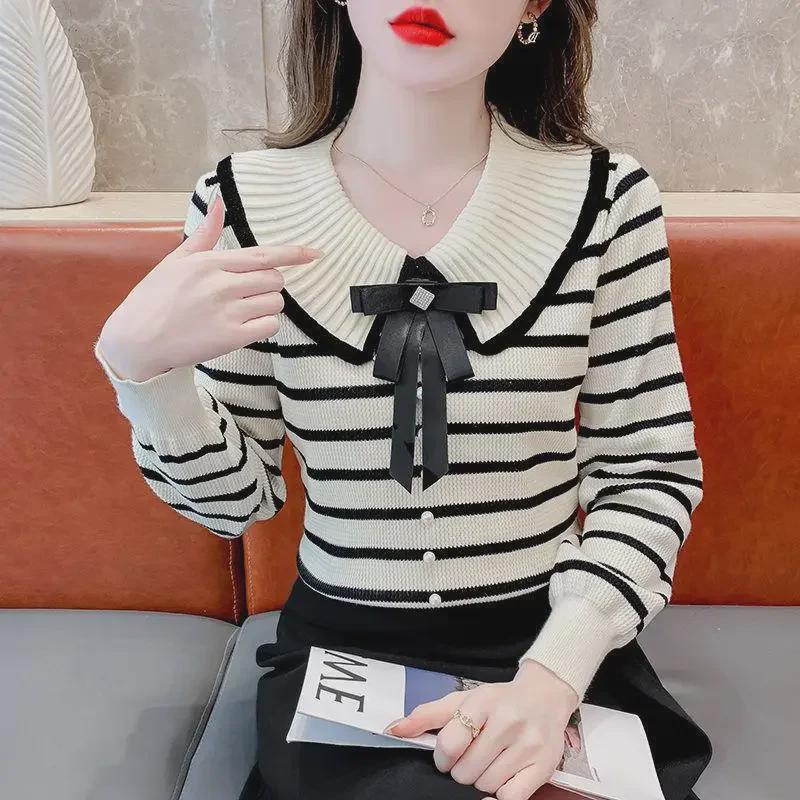 Women's Trendy Striped Long-Sleeve Collared Sweater - 2024 Autumn/Winter Fashion