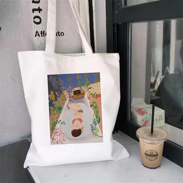 Weiß Einfache Einkaufstasche Niedlicher Druck Kawaii Tasche Harajuku Shopping Canvas Einkaufstasche Mädchen Handtasche Handtasche Ein Schulter Damen