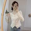 Lace Bottoming Shirt for Women New Slim Fit V-neck Pleated Temperament Shirt with Long-sleeved Top Inside