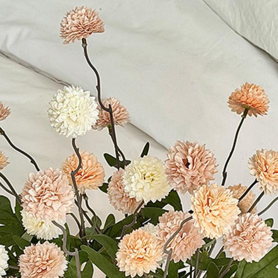 Artificial Pompon Mum, 5 Heads Faux Mini Chrysanthemums Ball, Small Fake Flower Stem for Vase Filler, DIY Bouquet, Autumn Table Centerpiece, Flower
