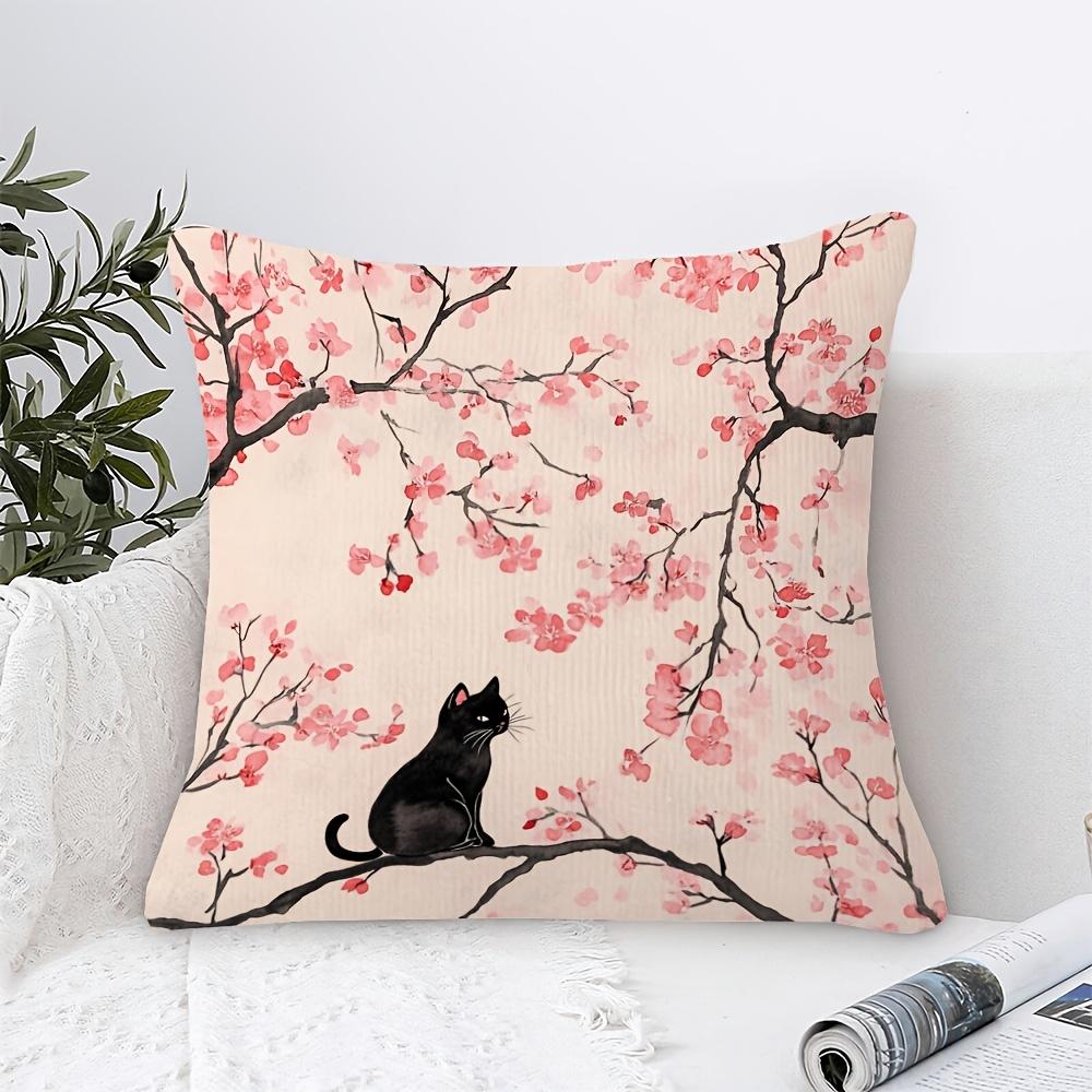 Cherry Blossom Black Cat Pillow Cover Watercolor Print Cushion Case Oriental Sakura Home Decor Gift