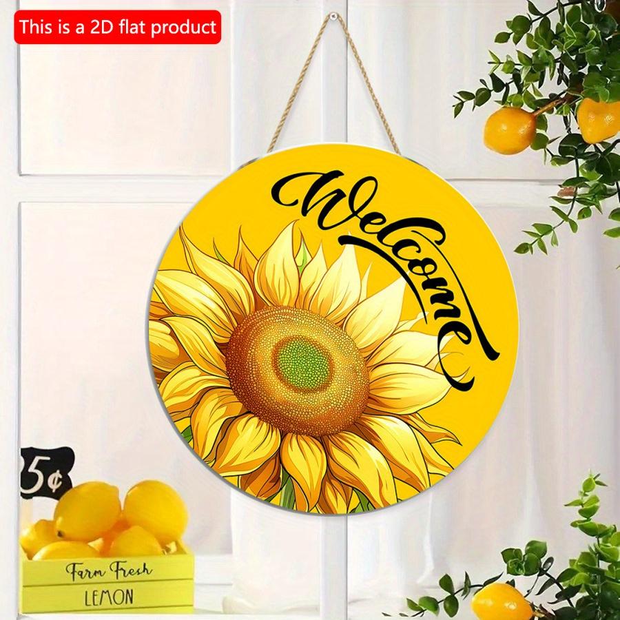2D flat 20*20cm1pc Welcome Yellow Bright sunflower pattern Door Art Decorative Plaque, Vibrant Floral Home Wooden Round Ornament for window&garden