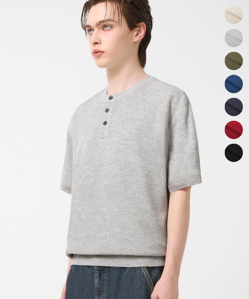 TRILLION Washable Linen Crop Henley Neck Short Sleeve Knit_7Color (C Type)