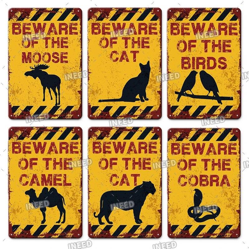 BEWARE OF Dog Cat  Chicken Retro Plaque Metal Tin Signs Garden Yard Home Decoration Caution Kraken Plate Animal Warning Sign
