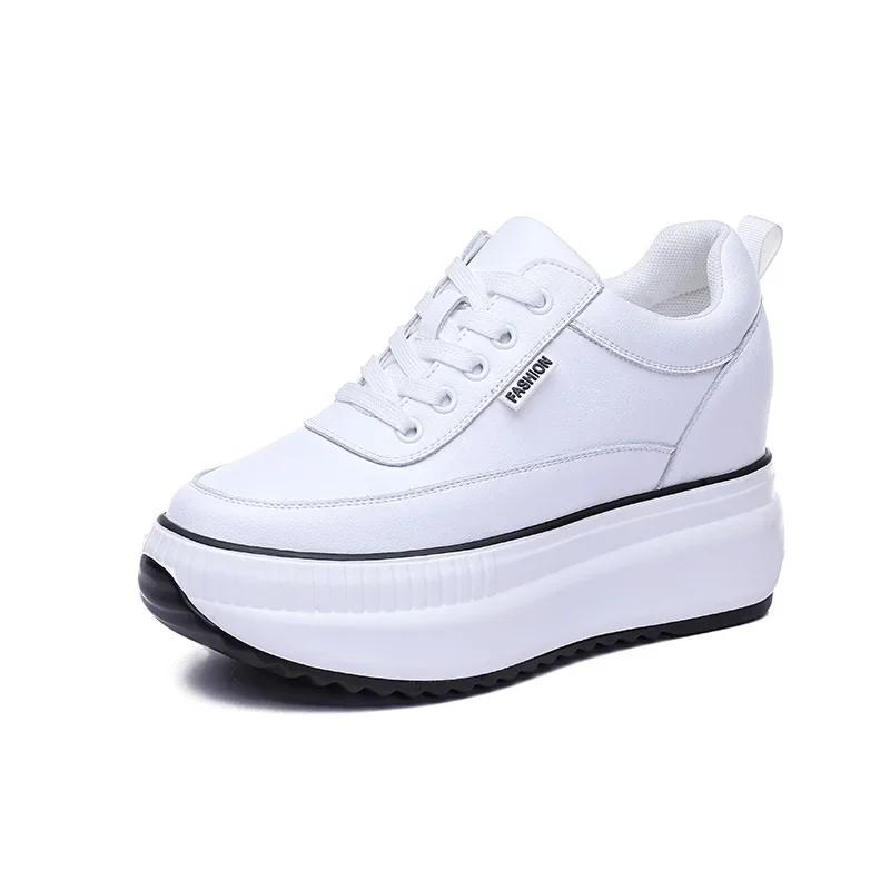 Women Genuine Leather Casual Black Shoes Platform Wedge Female Women 8CM High  Fashion Sneakers Chunky Spring Autumn Shoes
