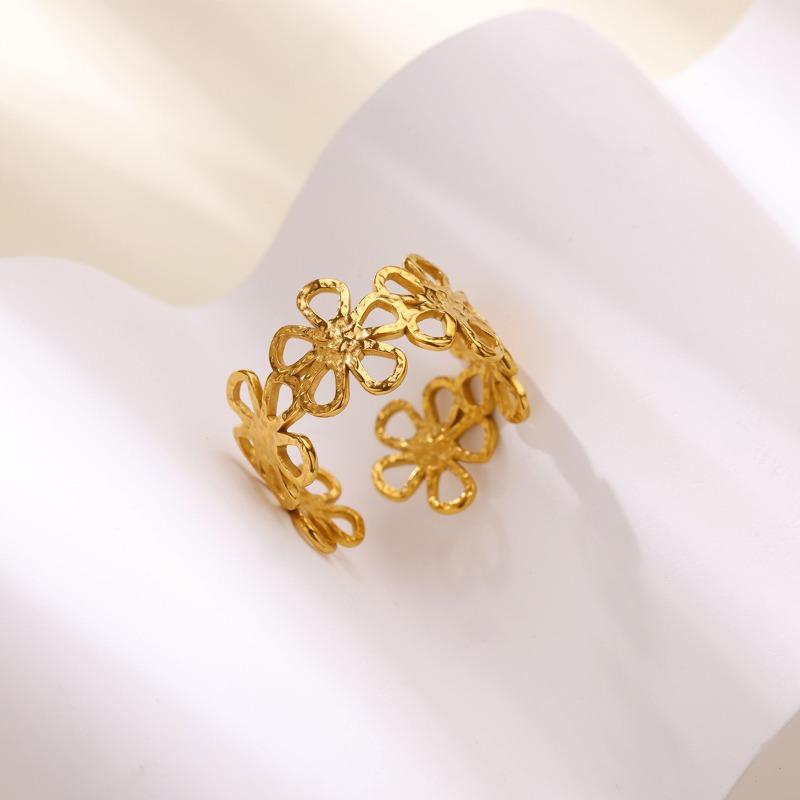Vind Hål Blomma Sol Titanstål K Guld Ring Dam Hip Hop Nisch Öppen Pekfinger Ring Ny