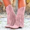 Fringe Boots For Women Mid Calf Women's Boots Comfortable Pull On Chunky Heel Pointed Toe Fringed Boots Western Knee High Fit