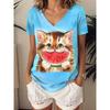 Summer Women's T Shirt Graphic Animal Cat Cute Stylish Casual Short Sleeve V Neck Regular Tops Daily 3D Printed Y2K Tees