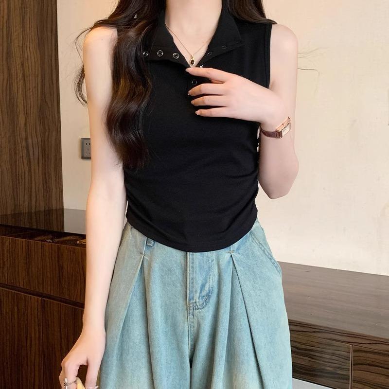 Polo Shirt Lapel Camisole Women's Spring and Summer New Pure Lust Hot Girl Pleated Sleeveless Waistcoat Tight Inner Top